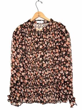 Mango Semi Sheer Floral Print Button Down Blouse Tie Neck Ruffles Size 18